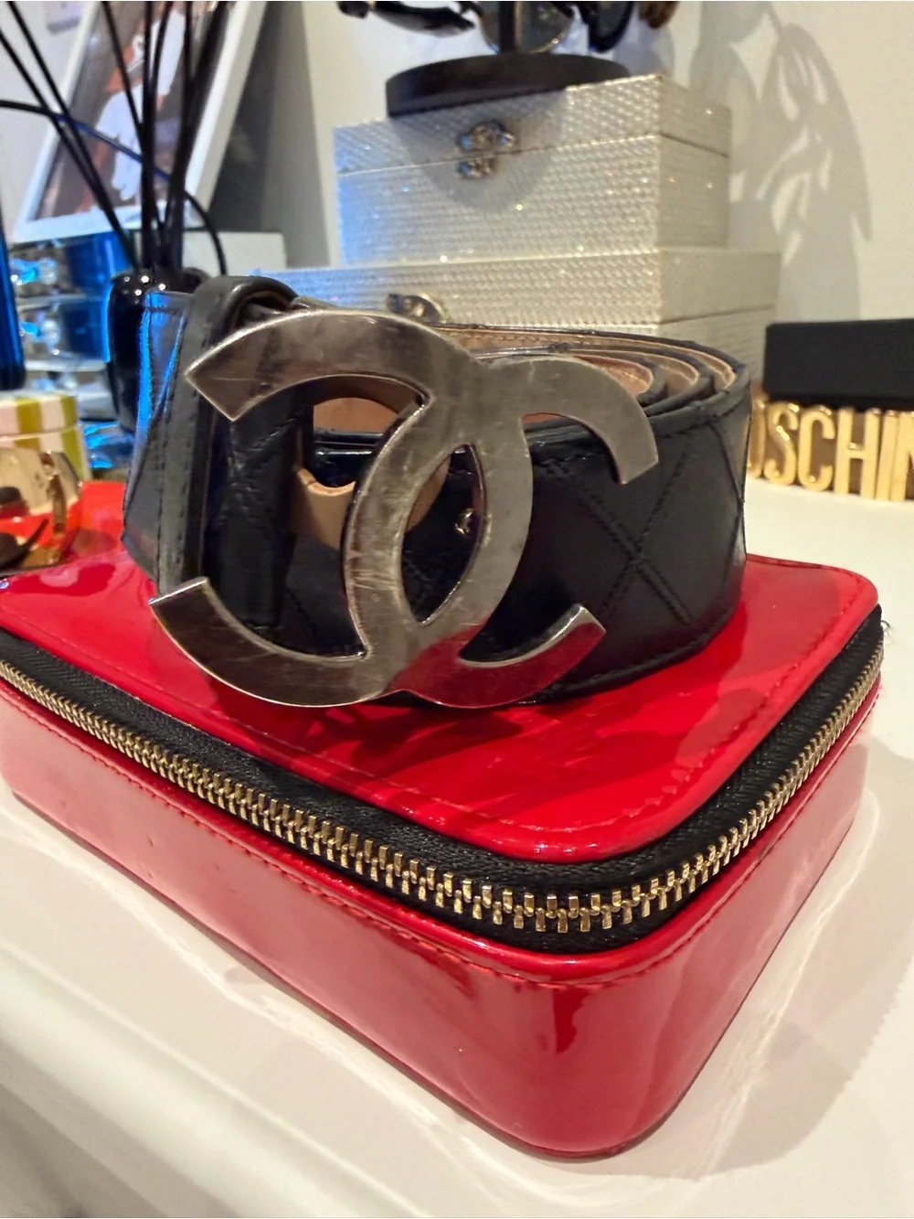 CHANEL Black Quilted Leather Belt with Silver CC Interlocking Buckle